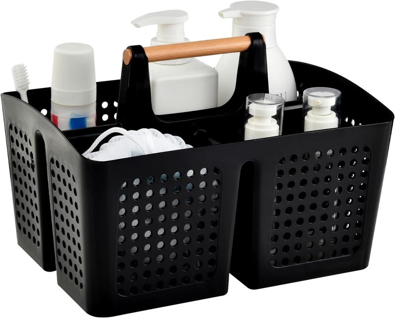PAKCHOICE Portable Shower Caddy Basket with Compartments, Plastic Divided Cleaning Caddy Organizer Storage Tote with Handle for Bathroom, College, Dorm Room Essentials, Black - Image 1
